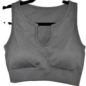 OQQ Womens Ribbed Seamless Sports Bra Crop Top Gray Notched Neck Gym Yoga Large